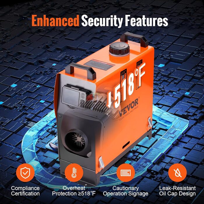 VEVOR дизельна повітряна опалювальна система 12V 5-8kW з LCD-дисплеєм, пультом дистанційного керування та Bluetooth-APP, 0.16–0.52 л/год