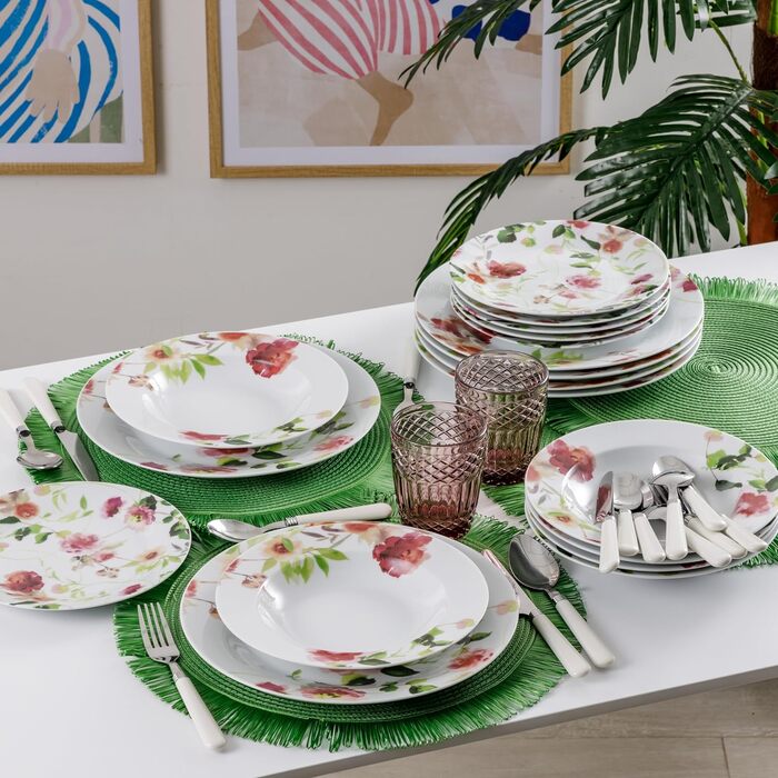 Обідній сервіз Baroni Home з 18 предметів порцеляни та кераміки, сервіз тарілок на 6 осіб, барвисті столи, набір тарілок із суповою тарілкою, плоска тарілка, фруктова або десертна тарілка, рожева порцеляна та керамограніт у стилі троянди