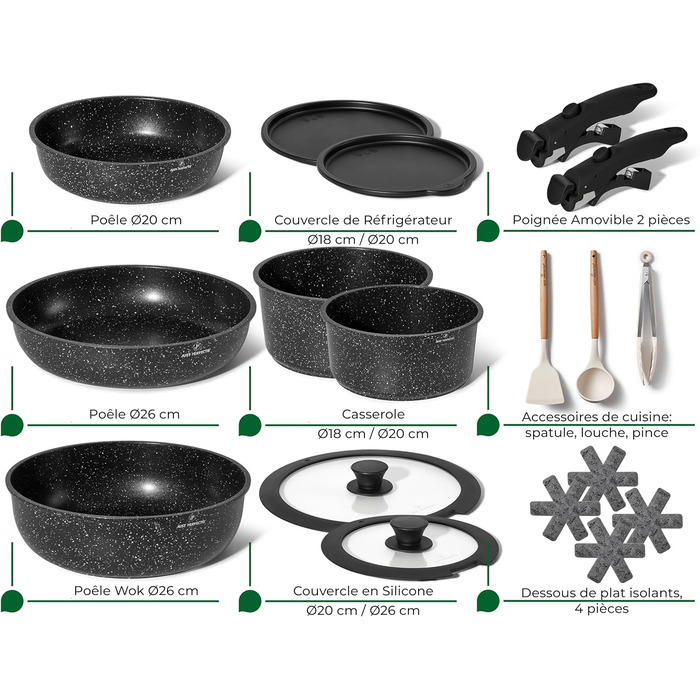 Набір кухонного посуду Just Perfecto 18 предметів з антипригарним покриттям, знімні ручки, для всіх типів плит (індукційні), без PFOA, чорний