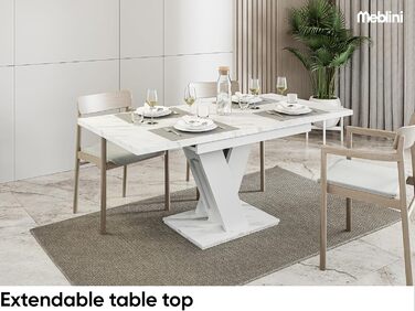 Обідній стіл MebleIni розсувний, сучасний дизайн, кухонний стіл, колона, чорний/білий глянцевий, 120-160x80x75 см, стільниця з білого мармуру/білий матовий