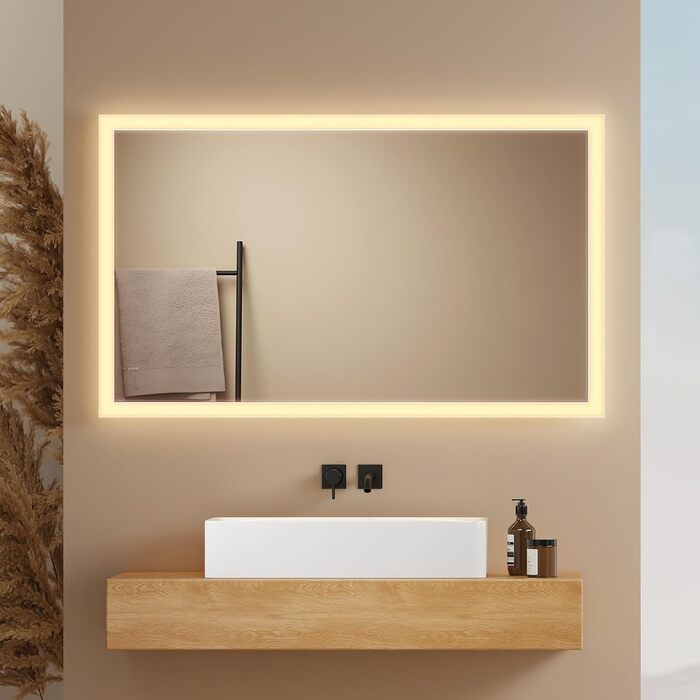 Дзеркало для ванної кімнати EMKE® з підсвічуванням 80x60 см, тепле біле світло 3000K, вимикач, вертикальна/горизонтальна установка, IP44, енергозберігаюче