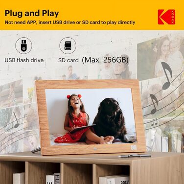 Цифровий фотоальбом KODAK 10 дюймів з пультом, без Wi-Fi, IPS-дисплей 1280x800, відтворення фото/відео/музики, USB/SD, дерев'яний корпус