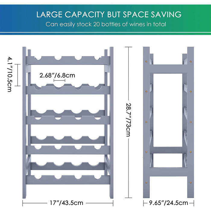 Стильна полиця для вина на 20 пляшок SMIBUY з бамбука - 5 ярусна, сіра