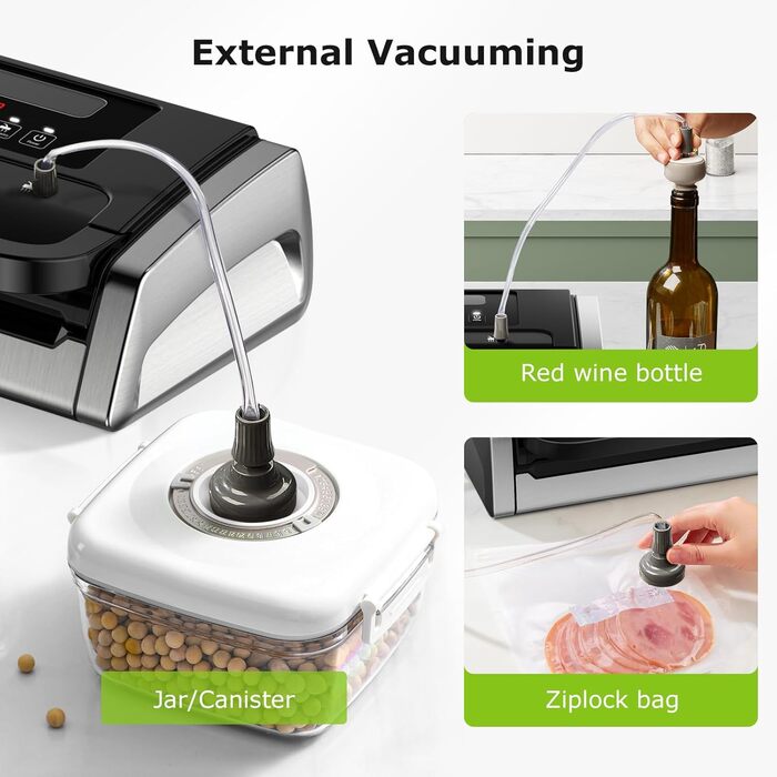 Вакууматор Bonsenkitchen для продуктів, потужний вакуумний пакувальник 15л/хв, з інтегрованим різаком та ручкою-фіксатором, чорний (комплект з 100 пакетами)