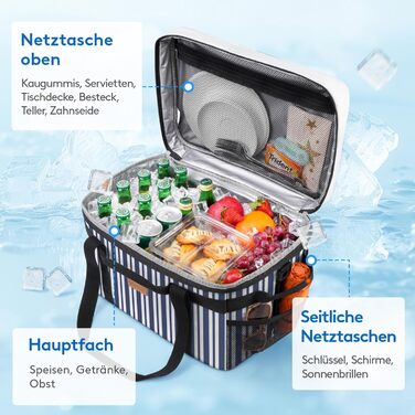 Термосумка-холодильник Lifewit 30л для пікніка, їжі та напоїв (Blaugrau Gestreift)