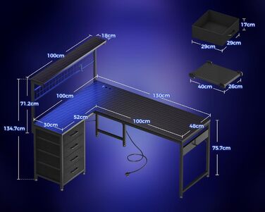 Ігровий стіл Coleshome з LED підсвічуванням, 110x80 см. Зручний стіл з шухлядами та розетками, кутовий, з полицею та місцем для зберігання. Чорний, карбон.