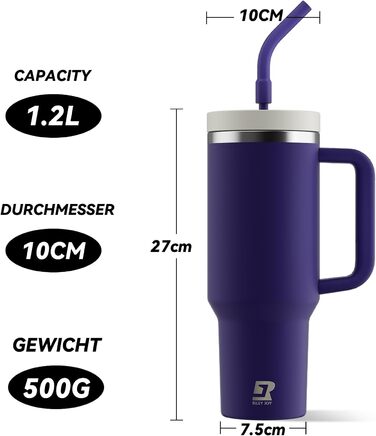 Термокружка-пляшка 1200 мл з трубочкою та антиковзним ручним захопленням, без BPA, з подвійними стінками для ізоляції, для автомобіля, офісу, відпочинку на природі (Пастельно-рожевий, Біло-рожевий, Глибокий фіолетовий)