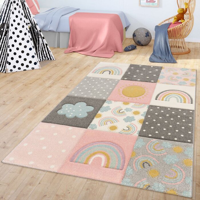 Домашній килим для дитячої кімнати TT, дитячий килим з малюнком райдужних хмар, сіро-рожево-кремовий (160x230 см, різнокольоровий)