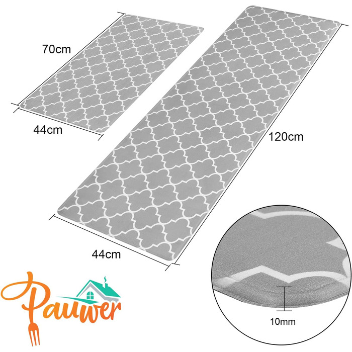 Килимок для кухні Pauwer 2 шт. и проти втоми, миється, нековзний кухонний килимок і кухонний килимок для підлоги, маслостійкий і водонепроникний, простий у догляді, (чотирикутний сірий, 44см х 70см 44см х 120см)