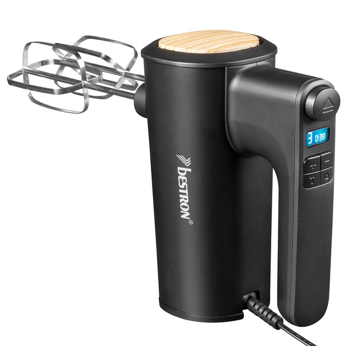 Міксер ручний Bestron Power з 6 швидкостями, Turbo-функцією та LCD-дисплеєм. В комплекті: 2 вінчики та 2 гачки для тіста. Вага: 1 кг, колір: чорний/дерево