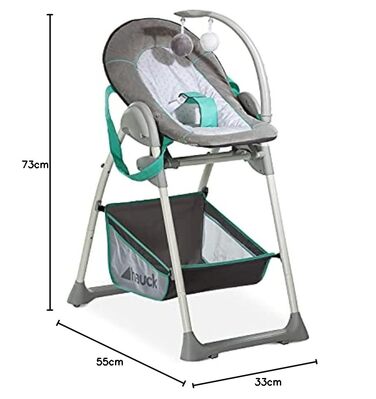 Високий стільчик для годування Hauck Sit N Relax 2in1 з люлькою для немовлят, регульована висота, колеса, великий кошик, піднос, складна конструкція, іграшковий брязкальце (Hearts), від народження до 15 кг