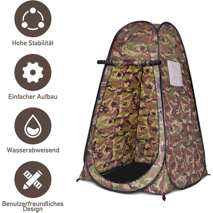 Намет переодягання Relax4Life з системою Pop-up, душовий намет, туалетний намет з вікном, намет-кімнату з поліестеру, 120 x 120 x 190 см, камуфляж Flecktarn