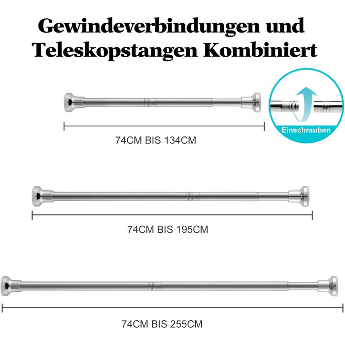 Регульована телескопічна штора для душу з нержавіючої сталі без свердління, 74-255см, срібло