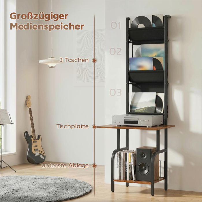 Індустріальна полиця для CD, зберігання CD та DVD з 3 текстильними кишенями та стільницею, у стилі рустикального дерева коричневого кольору