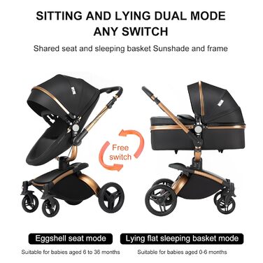 Дитяча коляска NADDLILY 3 в 1 з PU-шкіри, поворотне сидіння 360°, компактна, легка, коричневий (906)