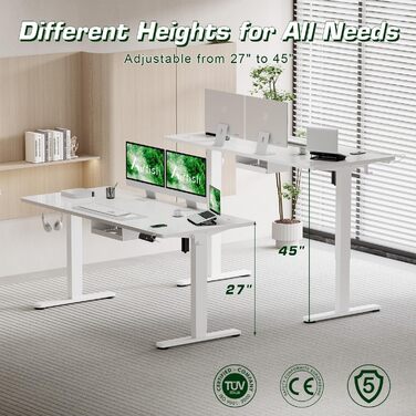 Електричний регульований стіл Airfish 160 x 80 см з USB-C зарядкою, кабелеуправлінням та 3 рівнями пам'яті (білий)