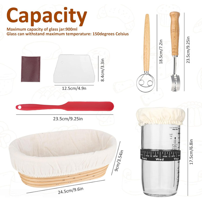 Набір для бродіння та випікання хліба: корзинка 25 см, набір 7 предметів, скляна тара 700 мл, 100% натуральний ротанг