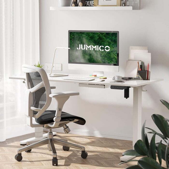 Електричний регульований стіл JUMMICO 160x80 см з підзарядною станцією, білий. Ергономічний стіл для роботи з кабельною організацією