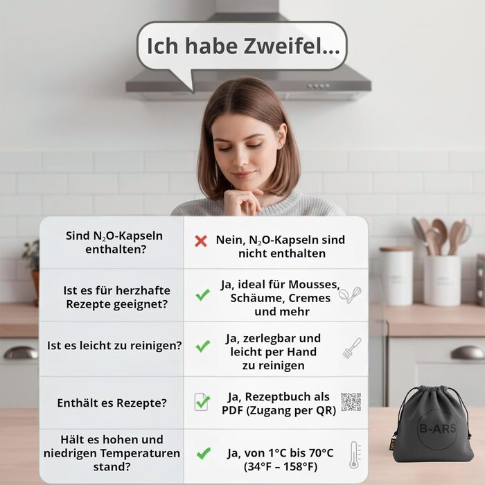 Кухонний сифон B-ARS з алюмінію, 500 мл, білий – аксесуар для холодних мусів та десертів, без системи тиску, з нержавіючою сталевою насадкою, придатний для миття в посудомийній машині