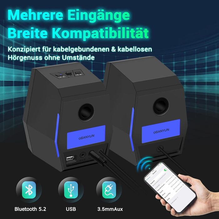 Sanyun SW209 - Комп'ютерні ігрові колонки 36W з RGB-підсвічуванням, Bluetooth 5.2, USB/AUX, 3 режими EQ (Гра/Фільм/Музика)