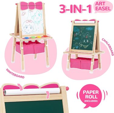 Дерев'яна мольберт Kinder Tafel з паперовою рулонкою, регульована висота, рожевий колір, двосторонній (whiteboard та дошка)