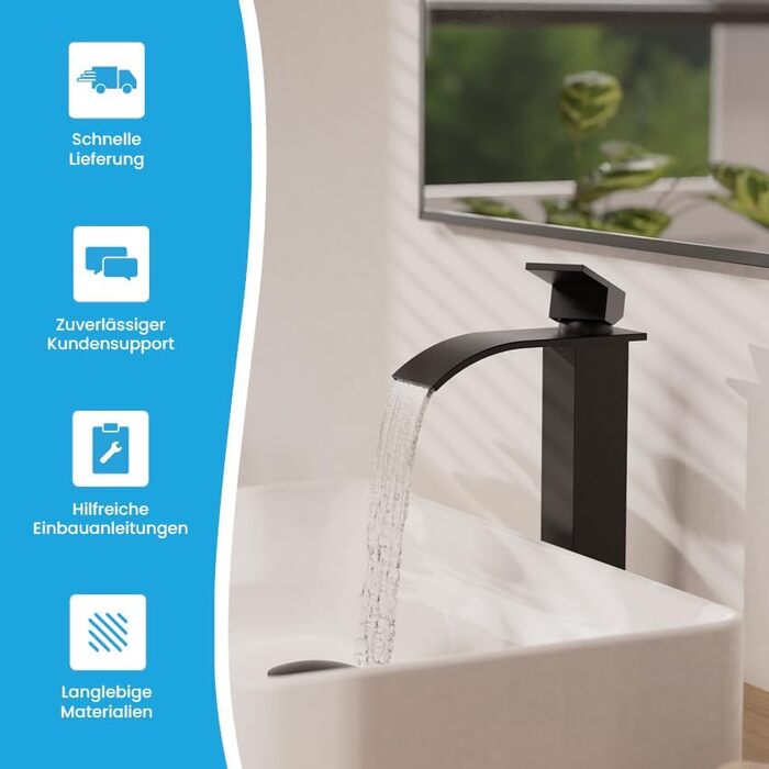 Змішувач для ванної кімнати Bächlein Tamina з водоспадним дизайном, однорідний, з довговічною керамічною картриджі та монтажним комплектом, чорний мат