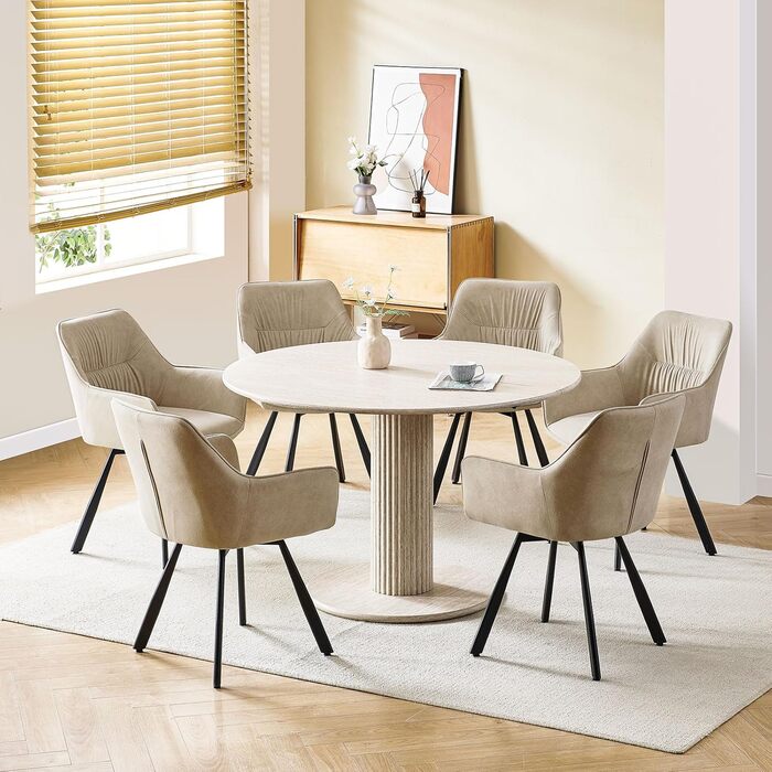 Набір обідніх крісел 6 шт. поворотні, з підлокітниками, 360°, сучасний м'який стілець з велюру, для вітальні, кухні, спальні, робочого кабінету (2 поворотні, хакі)