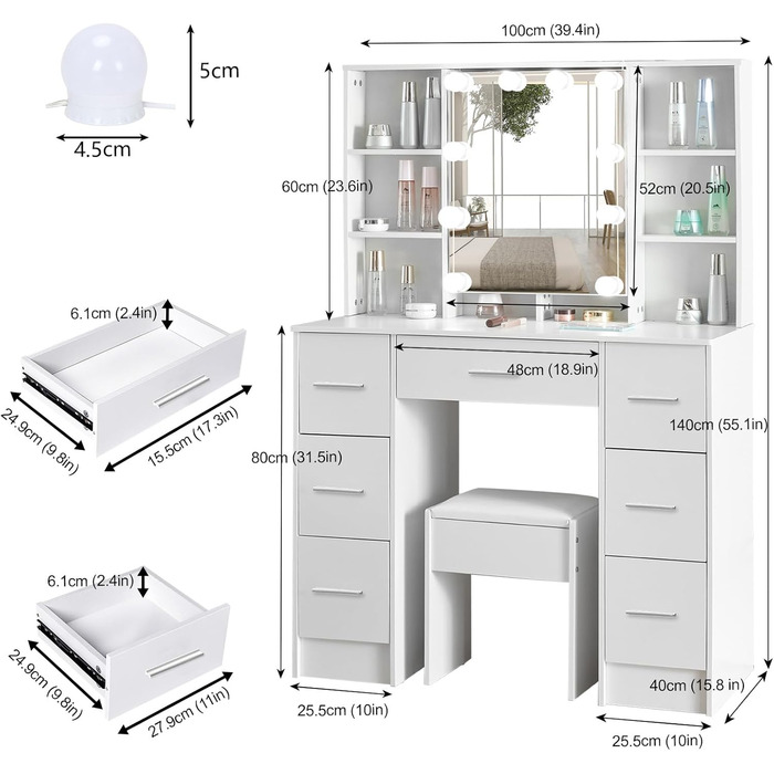 Набір туалетного столика Aovquof з LED світлодіодом, дзеркало, табурет, 7 ящиків, 6 відділень, білий, 140x100см