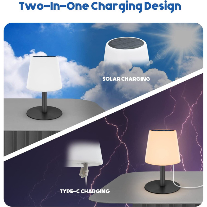 Світлодіодна настільна лампа на сонячній батареї для зовнішнього використання теплий білий / теплий жовтий Вулична настільна лампа на сонячній батареї Бездротова 2 в 1 Сонячна зарядка і USB-зарядка з регульованою яскравістю лампа для декору з дистанційним
