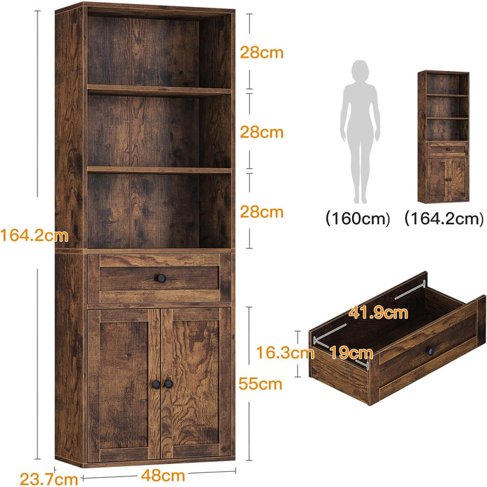 Стелаж Coleshome з дверцятами та шухлядами: 5 полиць, 48x24x164.2 см, для дому, офісу, вітальні, спальні (білий, рустикальний коричневий)