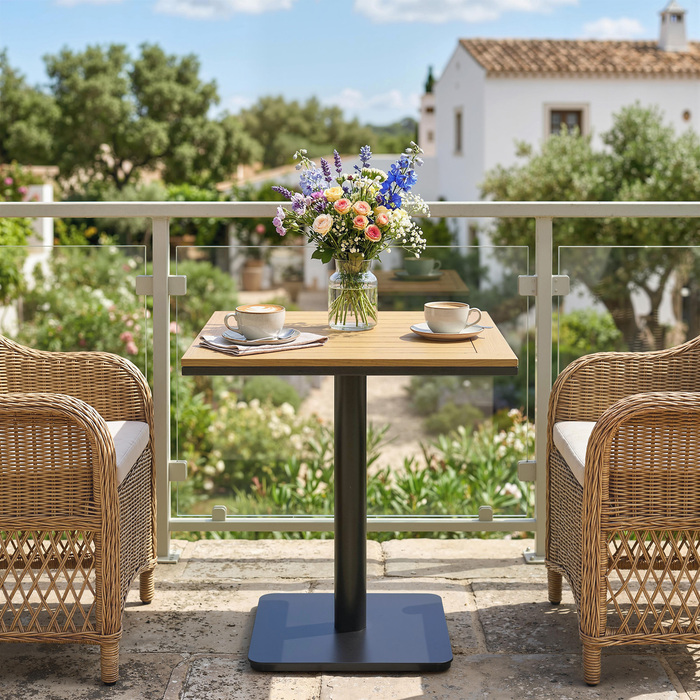 Садовий столик 70x70 см, стійкий до погодних умов, з імітацією дерева, широка основа, квадратний, з натурального дерева