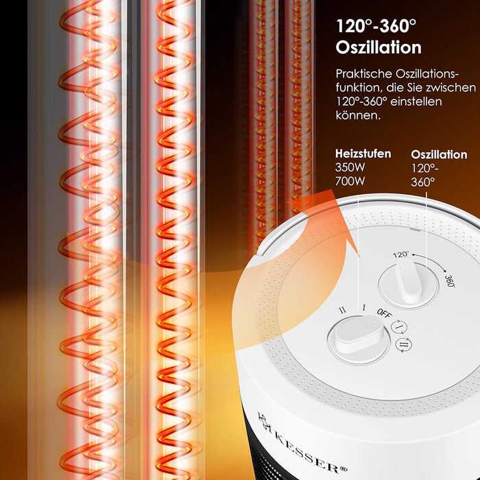 Інфрачервоний обігрівач KESSER Radiant Heater, Енергоефективний обігрівач 700 Вт Інтер'єр з коливанням на 360, Підлоговий блок, Електричний обігрівач IP55, Обігрівач для патіо (700 Вт, білий)