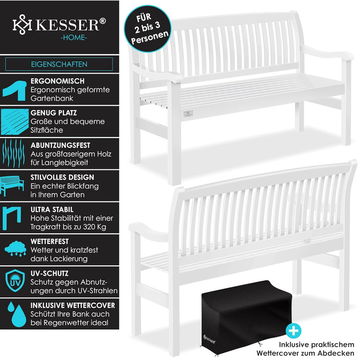Садова лавка KESSER® дерев'яна для 3-4 осіб, біла 125 см, з чохлом - міцна паркова лавка з масиву для балкона, тераси та саду
