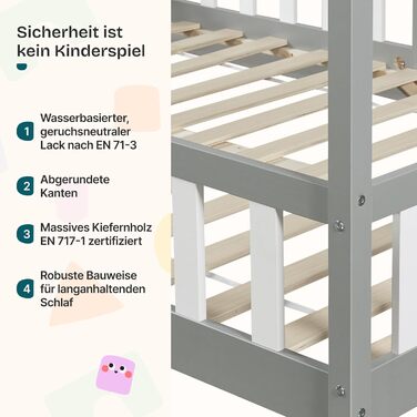 Ліжко дитяче Sisimiut Montessori 140x200 см з бар'єром. Дерев'яне ліжко для дітей, підлога, ламелі, сосна, світло-сірий/білий, без матрацу