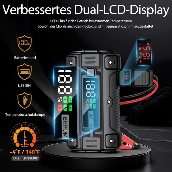 Powerbank для запуску авто BRPOM 6000A 12V: запуск бензинових та дизельних двигунів, LED-ліхтарик, екран, бустер для авто, мото, газонокосарки