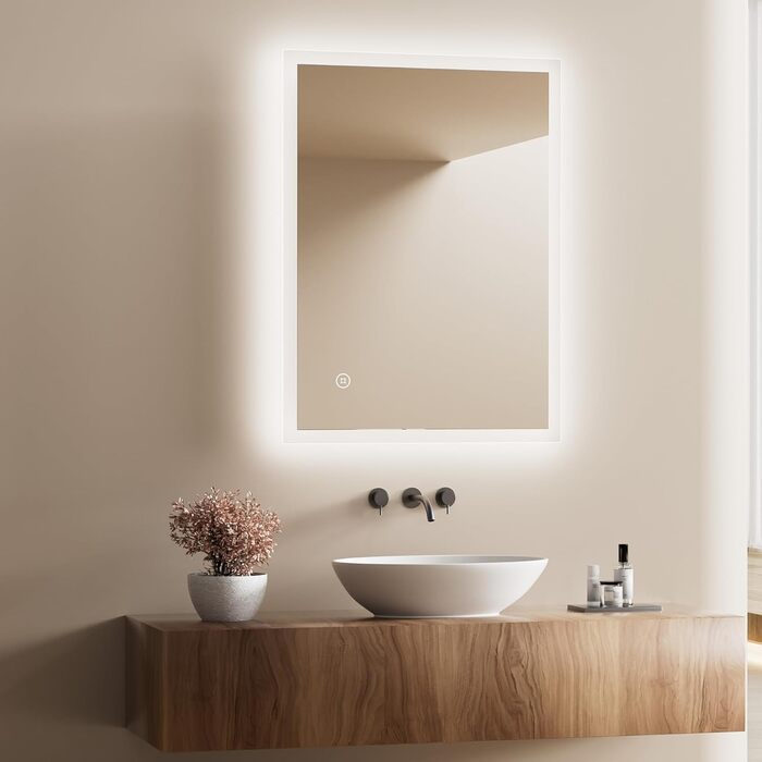 Дзеркало для ванної кімнати з підсвічуванням LED, 70x50 см, регульоване світло 6500K, сенсорне керування, вертикальна/горизонтальна установка