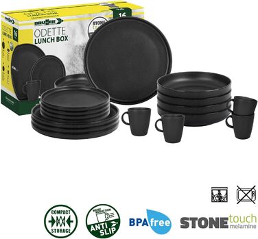Набір посуду BRUNNER Melamin 16 предметів: тарілки та чашки для кемпінгу (2-4 особи) + ланч-бокс ODETTE, стекований, стійкий до подряпин