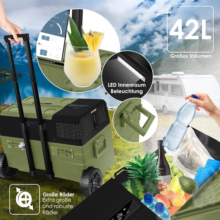 Автомобільний компресорний холодильник KESSER 42L з Wi-Fi, 12/24/230V, до -20°C, колеса, телескопічна ручка, хакі + 2 акумулятори холоду