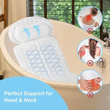 Подушка для ванни з піни memory foam, біла, з присосками, для шиї та спини, 4D вентиляція, 6 присосок (довга, квадратна)