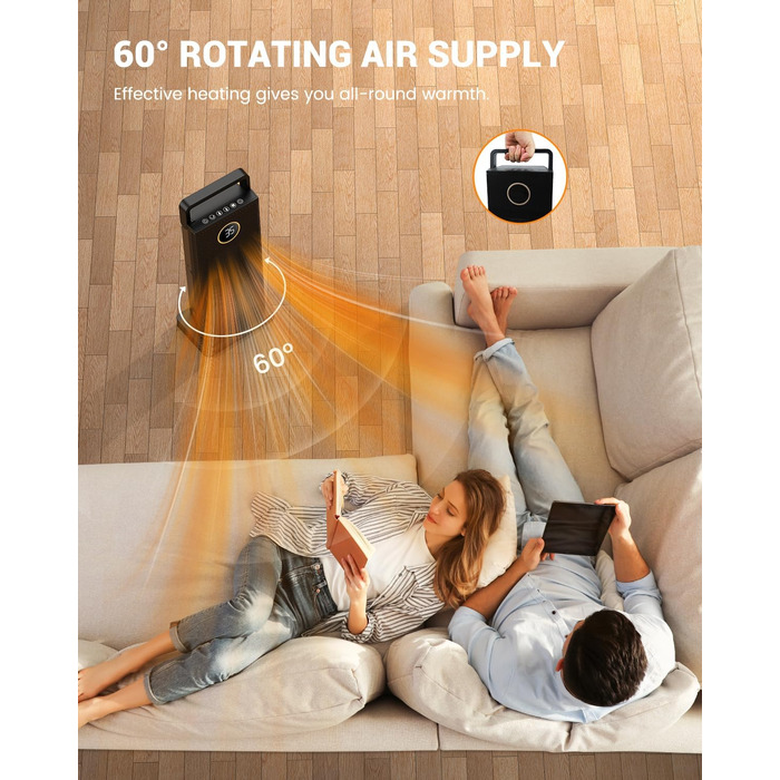 Електричний обігрівач з керамічним нагрівачем, 3 режими, 2000W, осциляція 70°, захист від перекидання, тихий обігрівач для дому та офісу