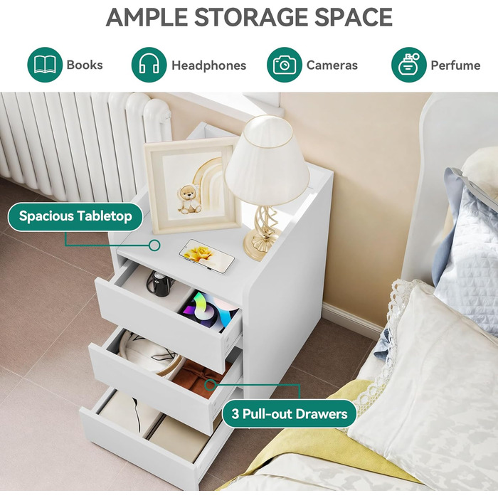 Приліжкові тумбочки YITAHOME 2 шт. з металевими ніжками та ручками, білий колір, 3 висувні ящики, 35 x 40 x 59 см