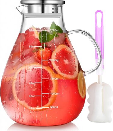 Скляна карафа з кришкою, 2500 мл, термостійке боросилікатне скло, з ситечком, для напоїв, чаю, кави, вина, молока, з щіткою для чищення