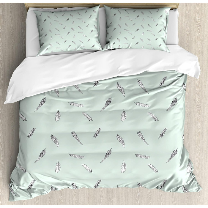 Мінімалістичний набір підковдр для односпальних ліжок, абстрактний ескіз пір'я, захист від кліщів для алергіків, що підходить для наволочки, (130 x 200 см - 70 x 50 см, м'ятно-зелений блідо-сірий)
