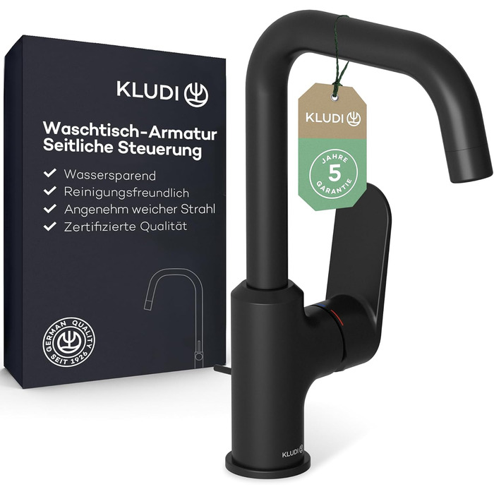 Змішувач для ванної кімнати KLUDI-X1 з висувним зливом, поворотний 360°, висота виливу 205 мм, водозберігаючий, розмір L, з підключенням, чорний матовий