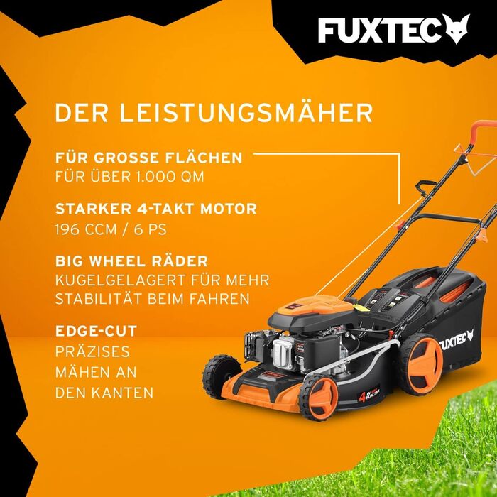 Бензокоса FUXTEC 4в1 FX-RM5196 з Edge-Cut: газонокосарка, 51 см, самохідна, 96 см3, великі колеса, 60л травосбірник