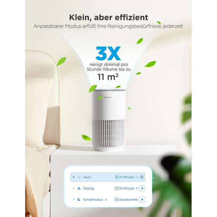 Повітряочисник GoveeLife Mini для спальні з HEPA-фільтром, керування через додаток Alexa, проти шерсті тварин, запахів, пилку, диму. Портативний очисник повітря з 3 швидкостями, 2 режимами, таймером та аромадифузором