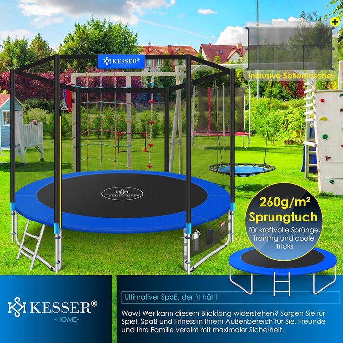 Батут KESSER для дітей та дорослих Ø305 см з сіткою, драбиною, захисним покриттям та сумкою - до 150 кг, блакитний