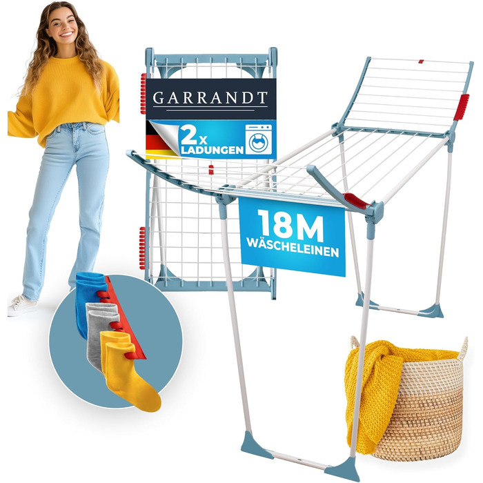 Розкладна сушарка для білизни XXL, 20 м сушильної поверхні, економна, стабільна, чорна з прищіпками для маленької білизни (Блакитний Невада)