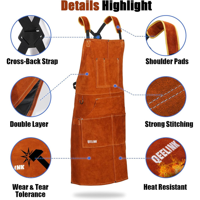Швейний фартух QeeLink зі шкіри з рукавичками, 6 кишень, вогнестійкий та жаростійкий, коричневий