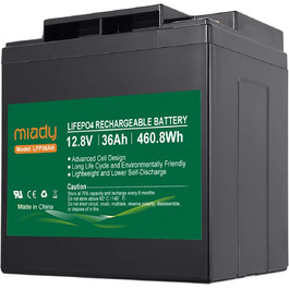 Акумулятор Miady 12V LiFePO4 із захистом BMS, 3000 циклів, для сонячної системи, ехолота, автофургону, човна (36 Ач)